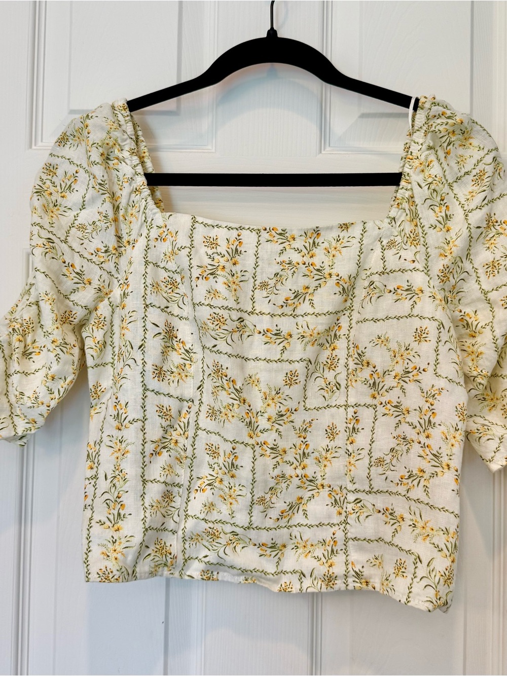 Joie 100% Linen Floral Puff Sleeve Smocked Crop Top Square Neck M